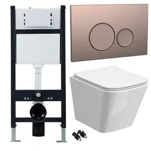 Bubly Bathrooms™ White Rimless Square Wall Hung Toilet Pan, Seat & 1.13m Concealed Cistern Frame - Bronze