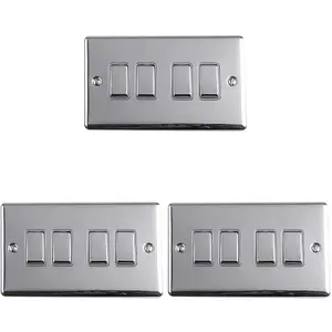 3 PACK 4 Gang Quad Metal Light Switch POLISHED CHROME 2 Way 10A GREY Trim