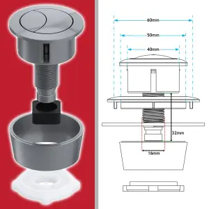 SPARES2GO Universal Toilet Cistern Dual Flush Push Button Kit for 20mm 40mm 50mm 60mm Lid Hole (Brushed Nickel)