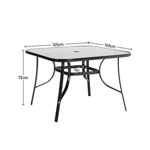 Black Square Tempered Glass Top Garden Bistro Dinging Table with Metal Frame and Umbrella Hole Outdoor 105 cm