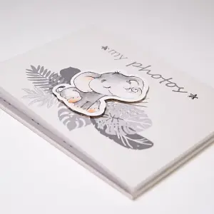 Cute Baby Elephant Grey Photo Album with Silver Stars and Palm Leaves