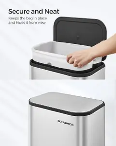 SONGMICS Stainless Steel Pedal Trash Bin, Soft-Close Lid, Keeps Open, Inner Bucket Feature, Wide Anti-Slip Pedal, Metallic Silver