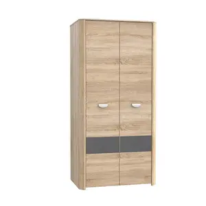 Large 2 Door Oak Wardrobe Full Length Hanging Space With Rail & Shelf