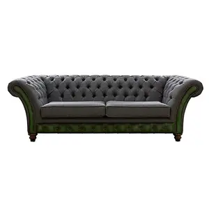 Chesterfield 3 Seater Sofa Antique Green Leather Marinello Pewter Fabric In Jepson Style