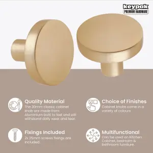 Keypak Cabinet Knob, Pack of 2, Brushed Brass, Aluminium Precision 30mm Classic Wardrobe Cupboard Drawer Handles