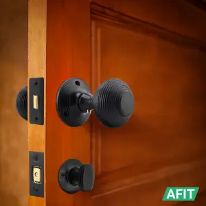 AFIT Beehive Reeded Black Door Knob Set - 1 Pair Matt Black Mortice Knobs (55mm), Latch & Deadbolt Kit (76mm), Hinges & Thumbturn