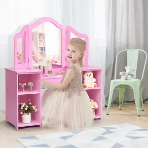 Costway 2 In 1 Kids Vanity Table Children Dressing Table Set w/ Mirror & Storage Shelves