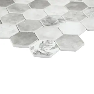 Manon Grey Matt Glass effect Hexagon Palm Leaf Recycled glass Mosaic tile sheet, (L)298mm (W)302mm