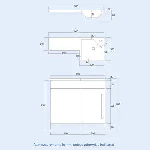 Nes Home Raven Right Hand 900mm Vanity Basin Unit, WC Unit & Elora Back to Wall Toilet White