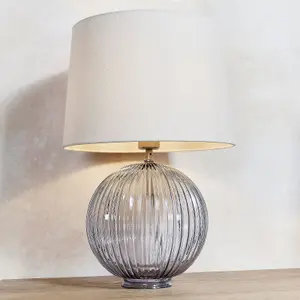 Table Lamp Smokey Grey Ribbed Glass & Natural Linen 40W E27 Bedside Light