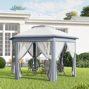 Outsunny 4x4m Hexagon Gazebo w/ Metal Frame Mesh Curtains Outdoor Garden, Grey