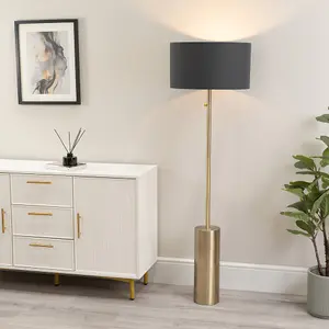 ValueLights Lexy Antique Brass Rotary Dimmer Switch Floor Lamp with Charcoal Grey Drum Shade