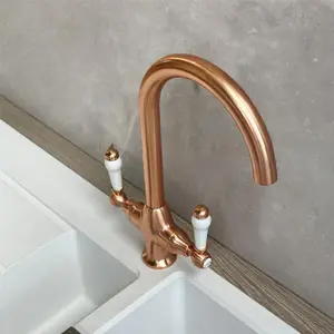 Liquida W22CP Traditional Swivel Spout Twin Lever Copper Kitchen Mixer Tap