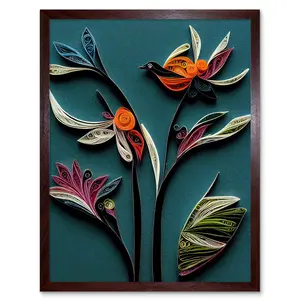 Modern Paper Quilling Bird Exotic Flower - Print Brown Framed Unframed / 43cm H x 33cm W x 2cm D