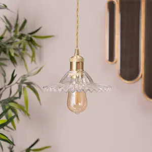 ValueLights Lucrezia Brushed Gold Hanging Ceiling Pendant Light Fitting with Clear Frilled Glass Lampshade - Bulb Included