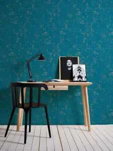 Industrial Concrete Look Vinyl Wallpaper Non-Woven Teal Gold Metallic Textured