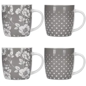 KitchenCraft 4-Piece Grey Floral / Polka Dot Mug Set