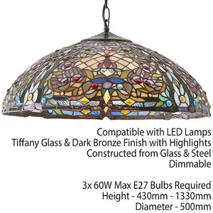 Tiffany Glass Hanging Ceiling Pendant Light Large Bronze Feature Shade i00067