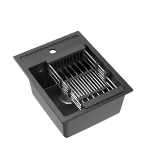 Quadron Johnny 90 compact kitchen sink with draining basket, 390mm to fit 40cm cabinet, inset Black GraniteQ material