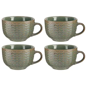 Set of 4 Dark Green Large Stoneware Cups Coffee Mugs