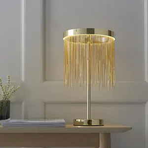 Satin Brass Table Lamp Light & Waterfall Chain Shade - Integrated LED Module