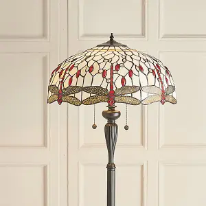 Luminosa Dragonfly 2 Light Floor Lamp Dark Bronze, Beige, Tiffany Style Glass, E27