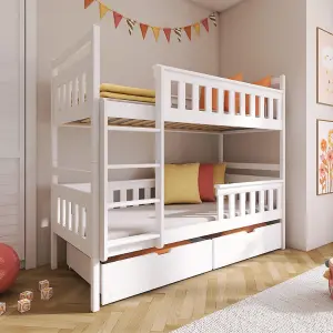 Wooden Bunk Bed Tezo with Storage and Foam Mattresses in White W1980mm x H1640mm x D980mm