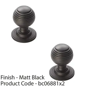 2 PACK - Reeded Ball Door Knob - 35mm Matt Black Lined Cupboard Pull Handle & Rose