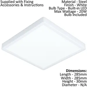 Wall Flush Ceiling Light White Shade Square White Plastic Bulb LED 20W Included