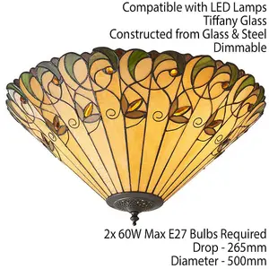 Tiffany Glass Semi Flush Ceiling Light Amber Floral Inverted Round Shade i00051