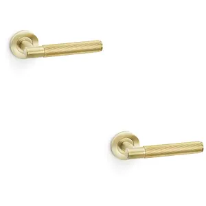 2 PACK - SOLID BRASS Reeded Door Handle Set - Satin Brass Straight Lever on Round Rose