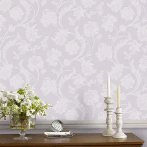 Sandringham Floral Lilac & white Metallic effect Smooth Wallpaper Sample