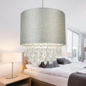 First Choice Lighting Set of 2 Sparkle Grey Faux Silk Jewelled Easy Fit Light Shades