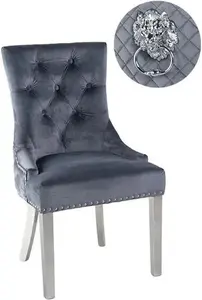 Lion Knocker Back Grey Velvet Fabric Dining Chair With Chrome Legs