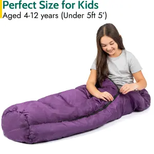 Trail Kids Sleeping Bag Mummy Hooded 3 Season Soft Warm 2 Way Zip Purple Boys Girls