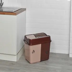 URBNLIVING 40L Duo Kitchen Bin Waste Garbage Can 2 Compartments With Bas Connectors (Brown/Beige)