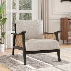 Beige Modern Accent Armchair with Wood Frame Upholstered Rattan Arms Chair for Living Room Bedroom