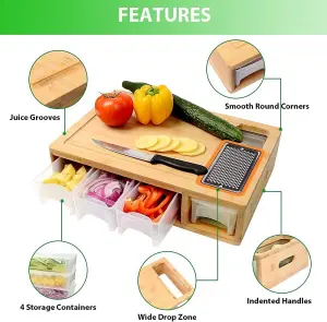 Versatile Bamboo Cutting Board with 4 Containers and Graters - Large Chopping Board with Juice Grooves, Easy-Grip Handles