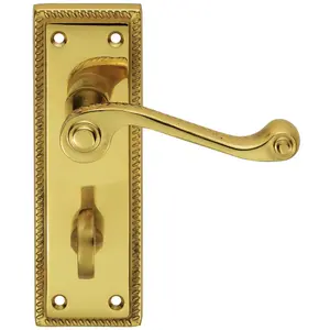 Georgian Scroll Bathroom Latch Door Handle - Polished Brass Lever On Backplate