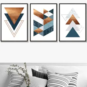 Set of 3 Mid Century Teal Orange Abstract Geometric Wall Art Prints / 50x70cm / Black Frame