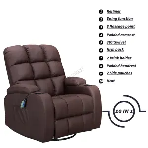 WestWood Leather Massage Recliner Chair Sofa Rocking Swivel Armchair Remote Control Brown