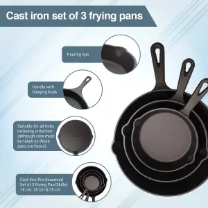 Buckingham Pre-Seasoned Cast Iron Set of  3 Frying Skillet Pan 16 , 20 and  25 cm