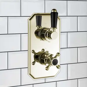 ENKI Regent English Gold Black Crosshead 2-Outlet Solid Brass Thermostatic Twin Shower Valve TSV040