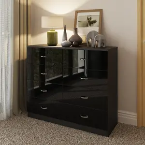 Black Gloss 8 Drawer Chest Of Drawers 4+4 Bedroom Furniture