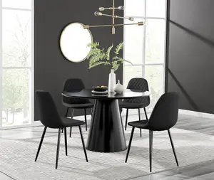 Furniturebox UK Palma Black Semi Gloss Round Pedestal Dining Table & 4 Black Faux Leather Corona Black Leg Chairs