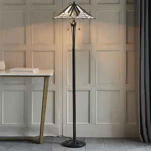 1.6m Tiffany Twin Floor Lamp Black Stem & Retro Stained Glass Shade i00003