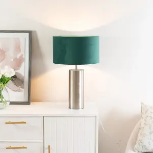 ValueLights Lexy Brushed Chrome Touch Table Lamp with Forest Green Velvet Shade