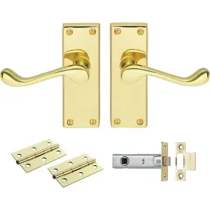 Victorian Scroll Door Handle & Latch Pack - Electro Brassed Lever On Plate Kit