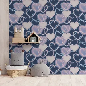 Arthouse Cool Neon Style Heart Print Wall Navy Pink Wallpaper 925605