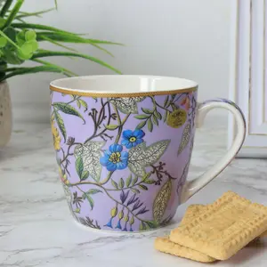 Breakfast Mug Ceramic Big Coffee Cup Floral Flowers Cream Lilac Morris Kilburn